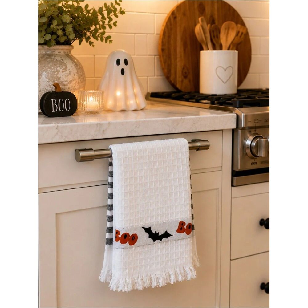 Set of Three (3) White Halloween 'Boo' Waffle Weave Kitchen Towels